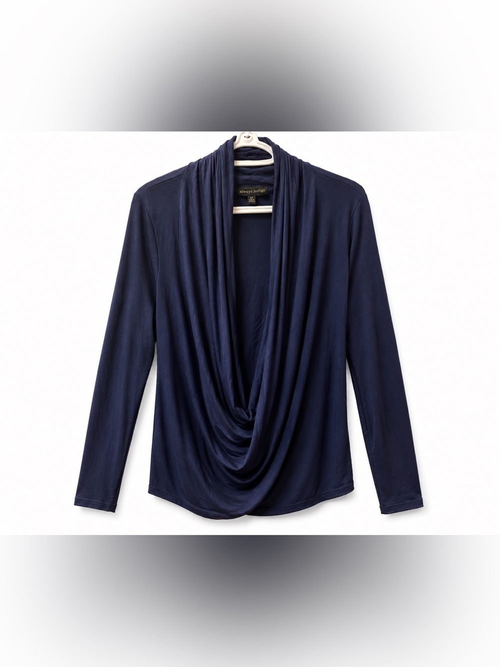 Always Indigo Navy Blue Drape Cowl Neck Long Sleeve Top - Size L